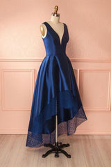 Deep Blue V-Neck High Low Lace Satin Prom Dress Bridesmaid Dress