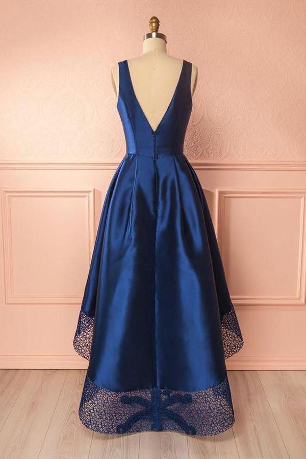 Deep Blue V-Neck High Low Lace Satin Prom Dress Bridesmaid Dress