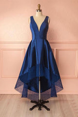 Deep Blue V-Neck High Low Lace Satin Prom Dress Bridesmaid Dress