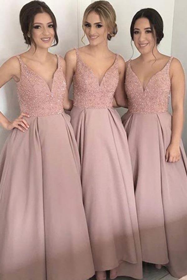 Blush Satin Deep V-Neck Floor-Length Bridesmaid Dress with Beading