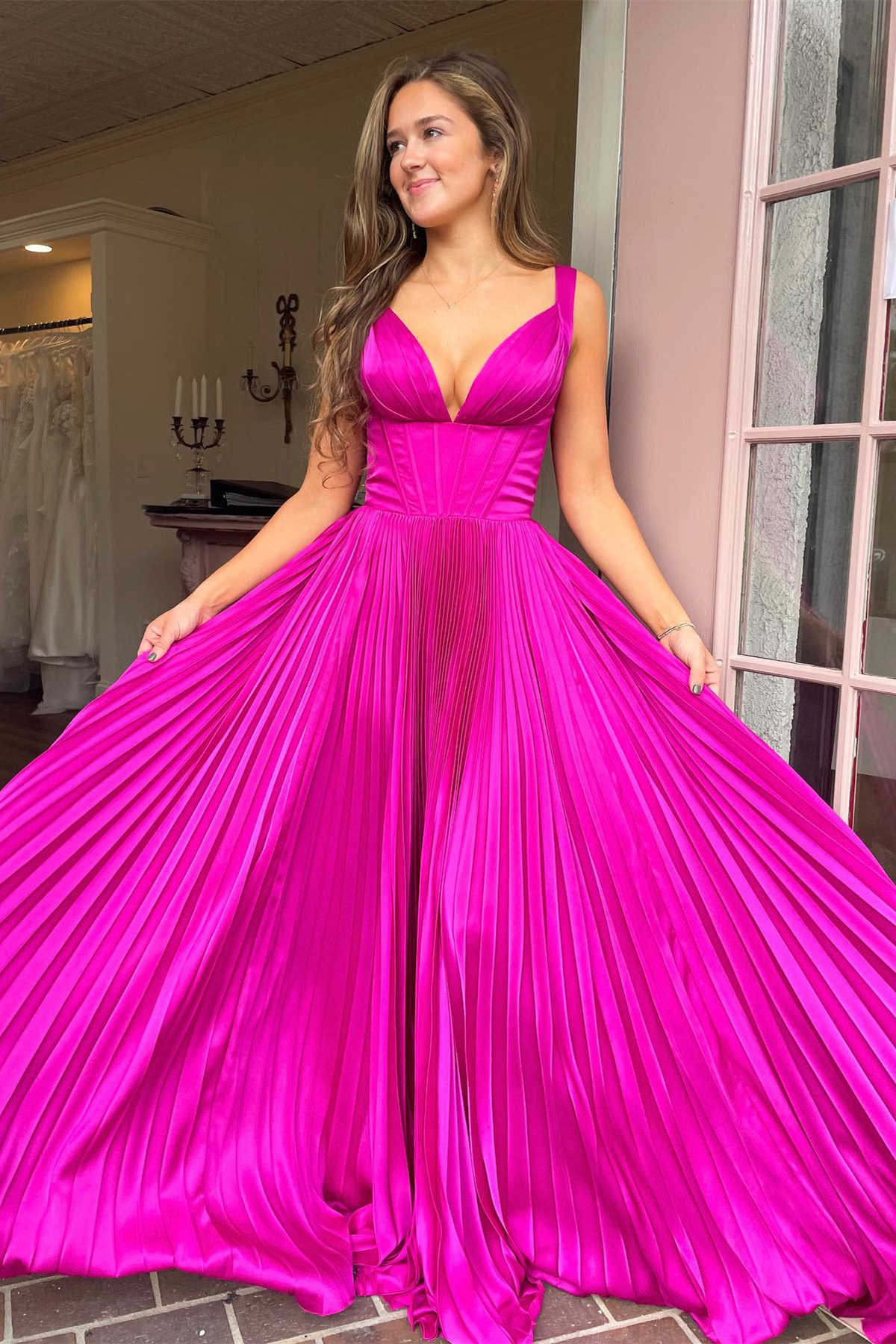 A-Line V-Neck Fuchsia Pleated Long Prom Dress