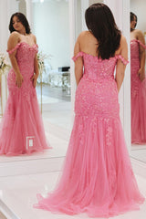 Cute Pink Mermaid Sheath Off the Shoulder Tulle Long Prom Dress with Appliqued