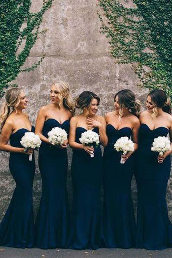 Navy Mermaid Elegant Sweet Heart Long Bridesmaid Dresses