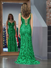 Green Bodycon Sequins Long Prom Dress with Slit