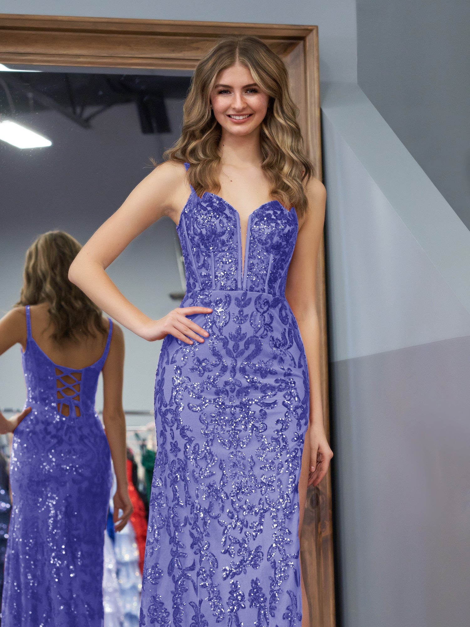 Purple Bodycon Sequins Long Prom Dress with Slit