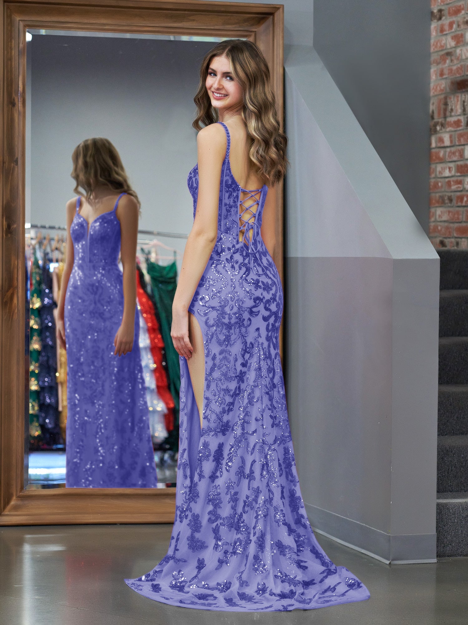 Purple Bodycon Sequins Long Prom Dress with Slit