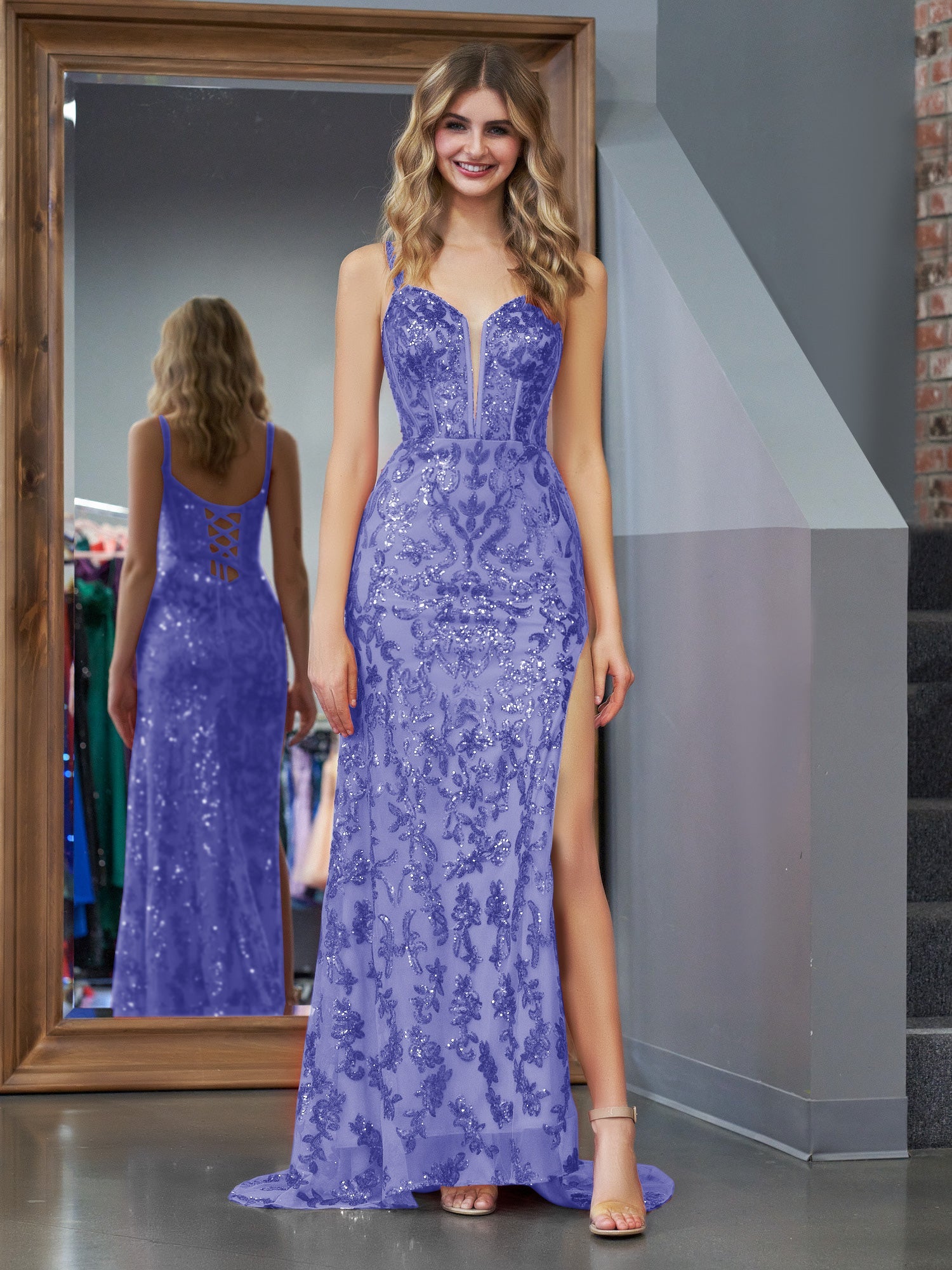 Purple Bodycon Sequins Long Prom Dress with Slit