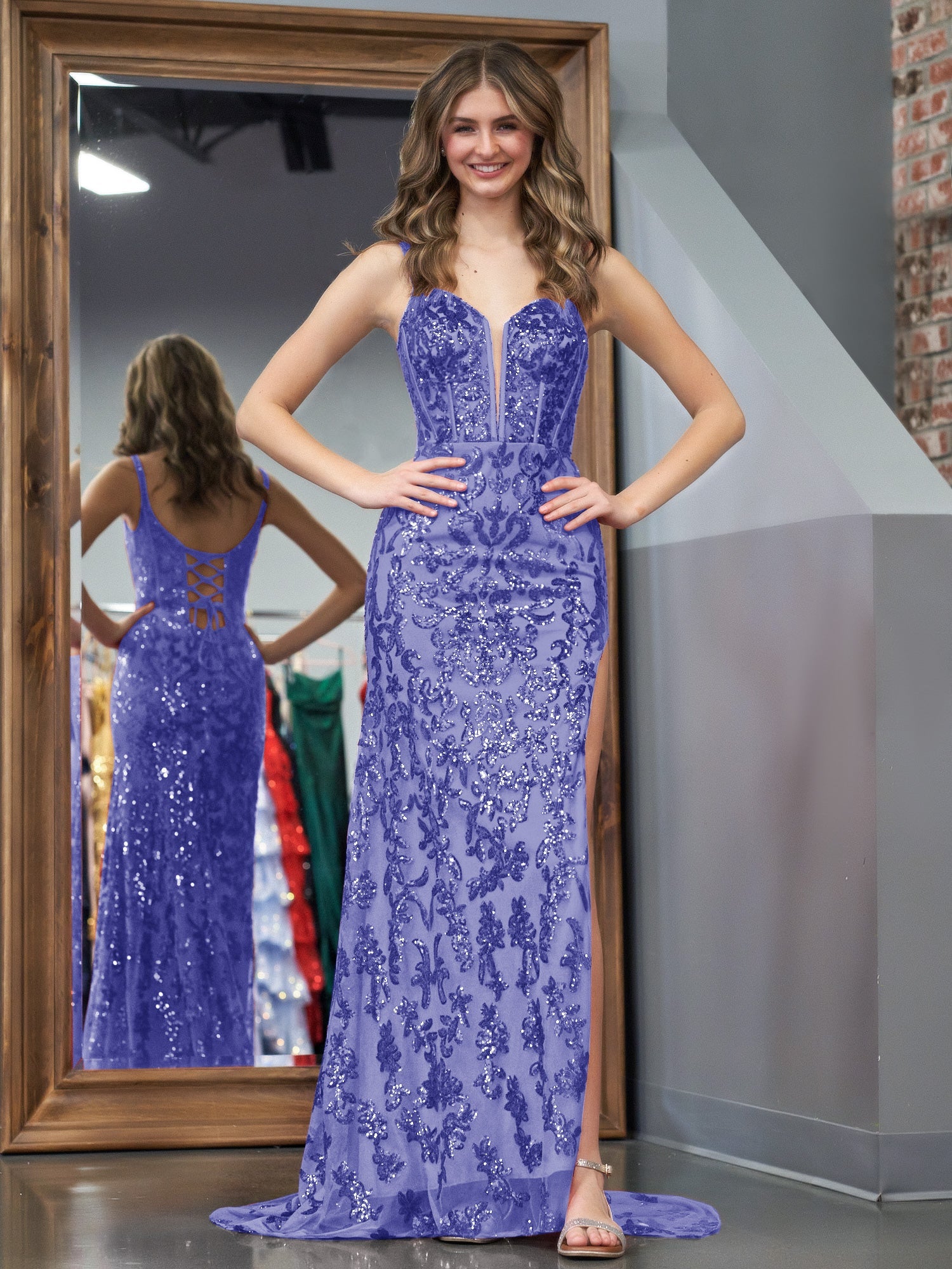 Purple Bodycon Sequins Long Prom Dress with Slit