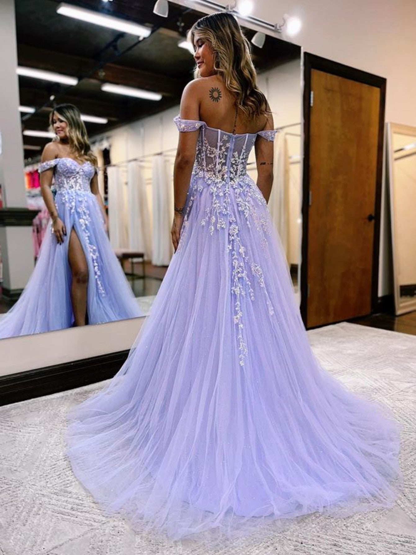 A Line Off the Shoulder Lace Tulle Prom Dress With Slit