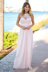 Pink Chiffon Floor-Length Open Back Bridesmaid Dress with Lace