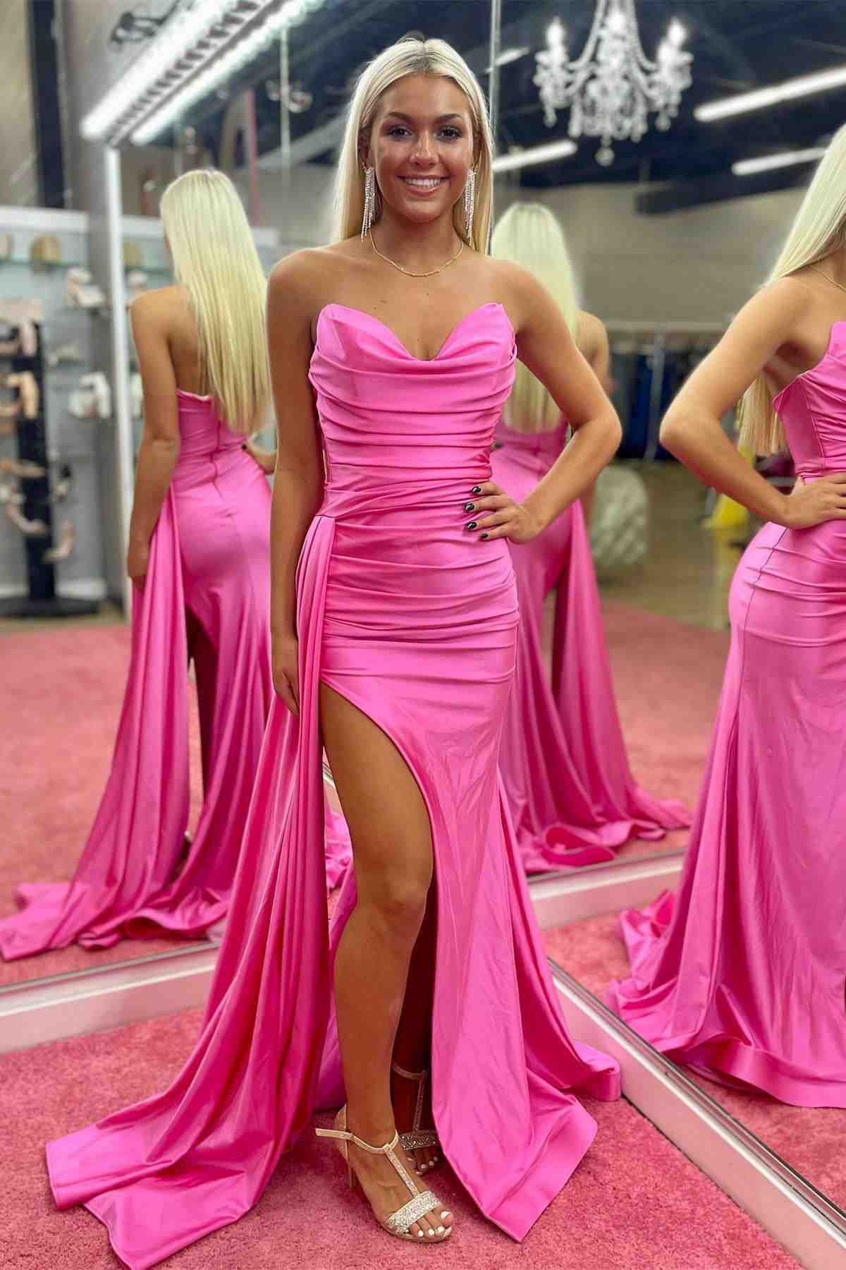 Strapless Hot Cute Pink Pleated Long Prom Dress with Slit