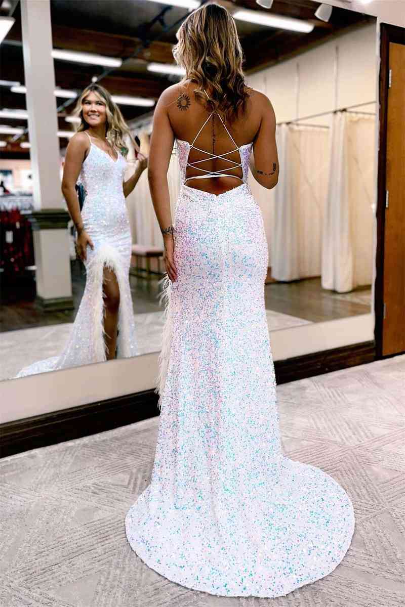 Mermaid Sheath V Neck Sequins Long Prom Dress with Slit