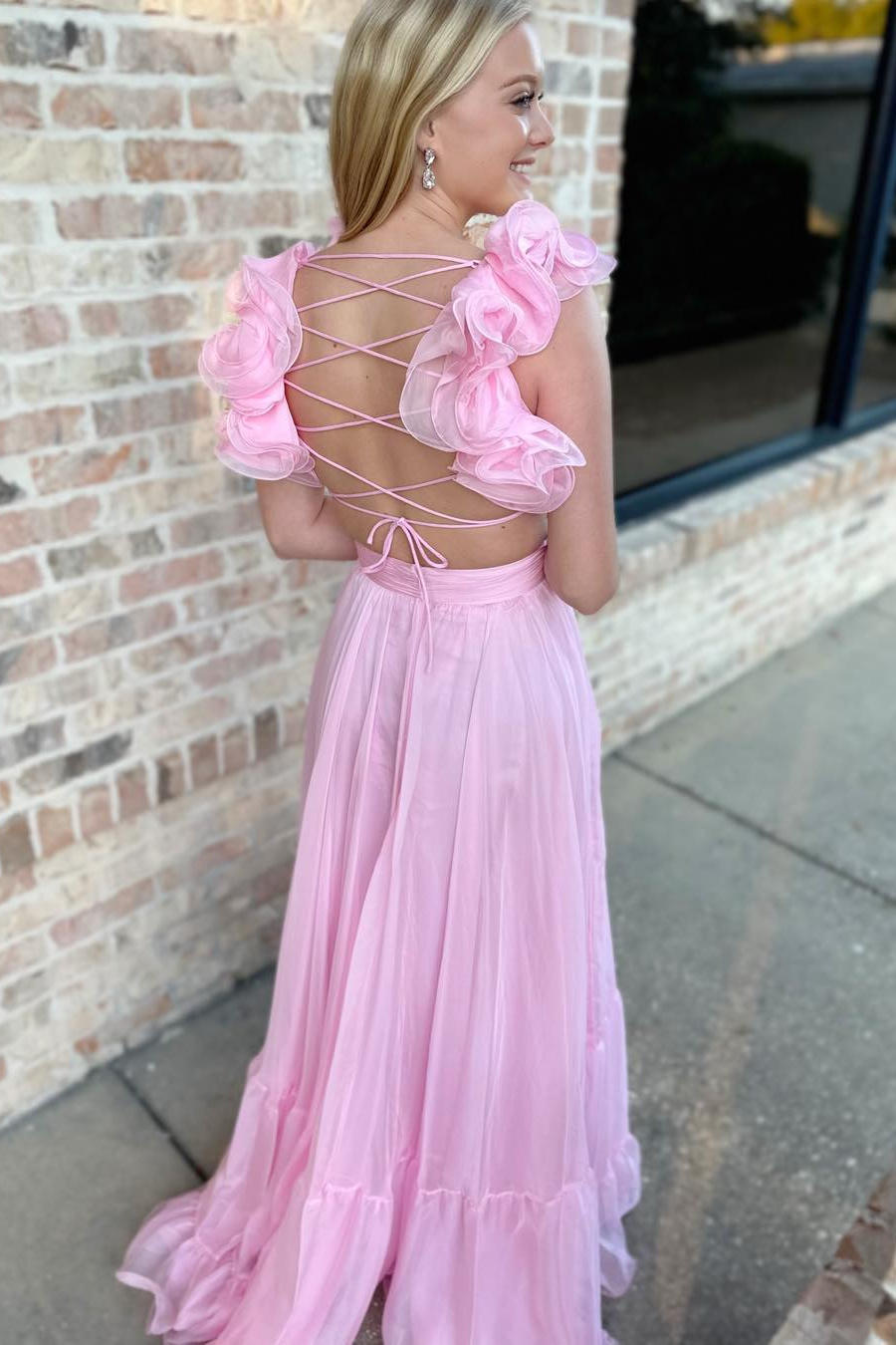 Lace-Up Fuchsia V-Neck Ruffle Pleated Long Prom Dress