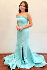 Strapless Maganta Ruffle Mermaid Sheath Slit Long Prom Dress