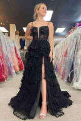 Straps Black Mesh Cutout Sequined Layered Long Prom Dress