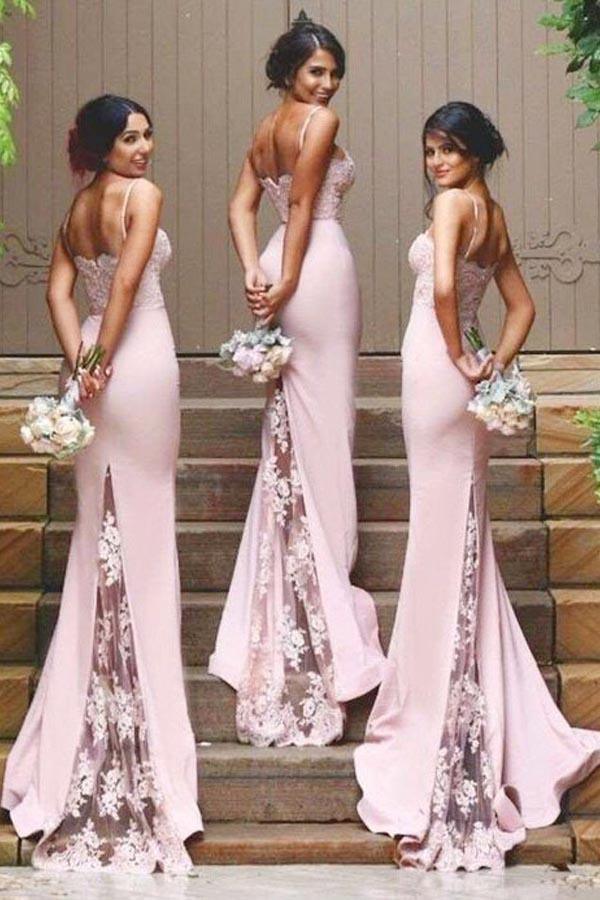 Gorgeous Spaghetti Straps Mermaid Long Bridesmaid Dress with Court Train