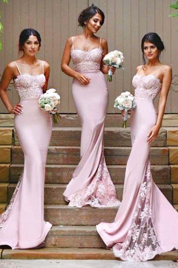 Gorgeous Spaghetti Straps Mermaid Long Bridesmaid Dress with Court Train