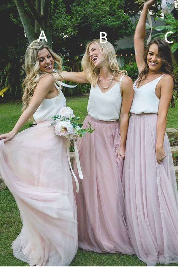 Pink Two Piece Tulle Long Bridesmaid Dress with White Top