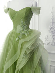 Green A-Line Off Shoulder Long Prom Dress, Green Lace Long Evening Dress