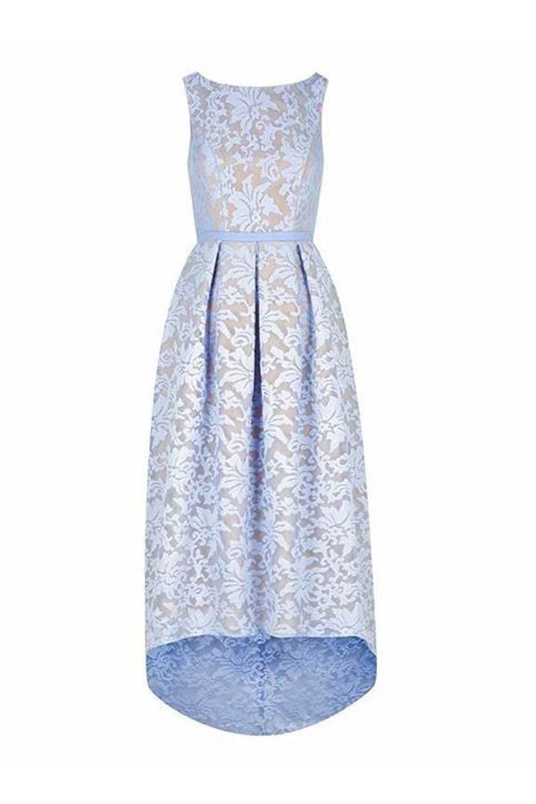 Light Sky Blue Lace High Low Bateau Sleeveless Bridesmaid Dress