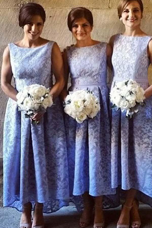 Light Sky Blue Lace High Low Bateau Sleeveless Bridesmaid Dress