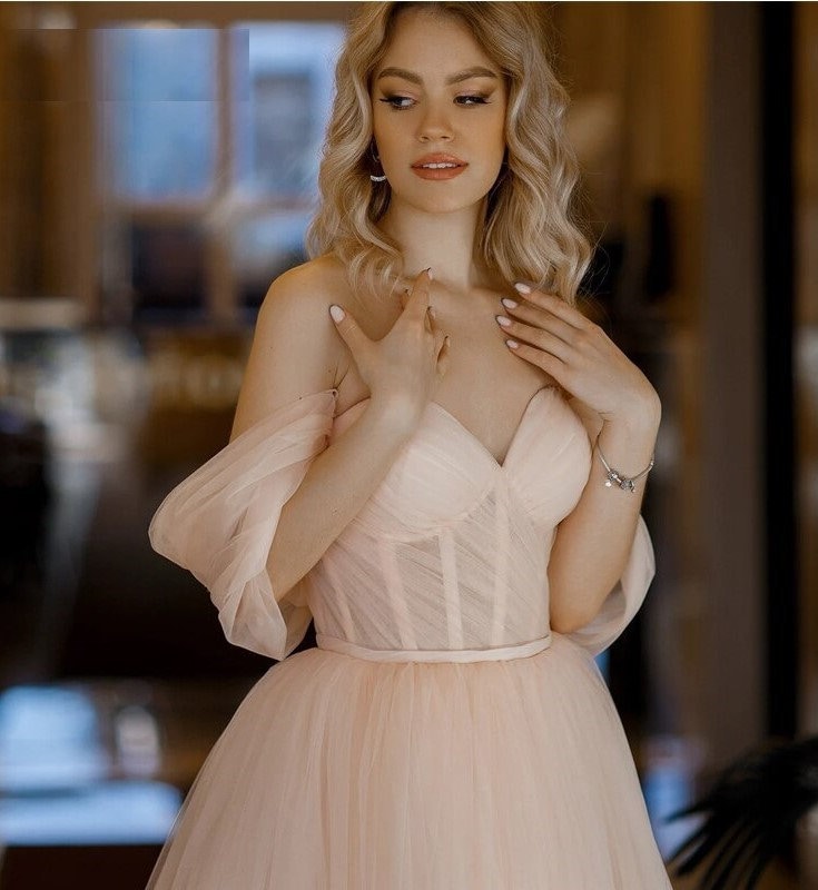 A Line Cute Pink Tulle Tea Length Prom Dress