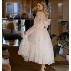 A Line Cute Pink Tulle Tea Length Prom Dress