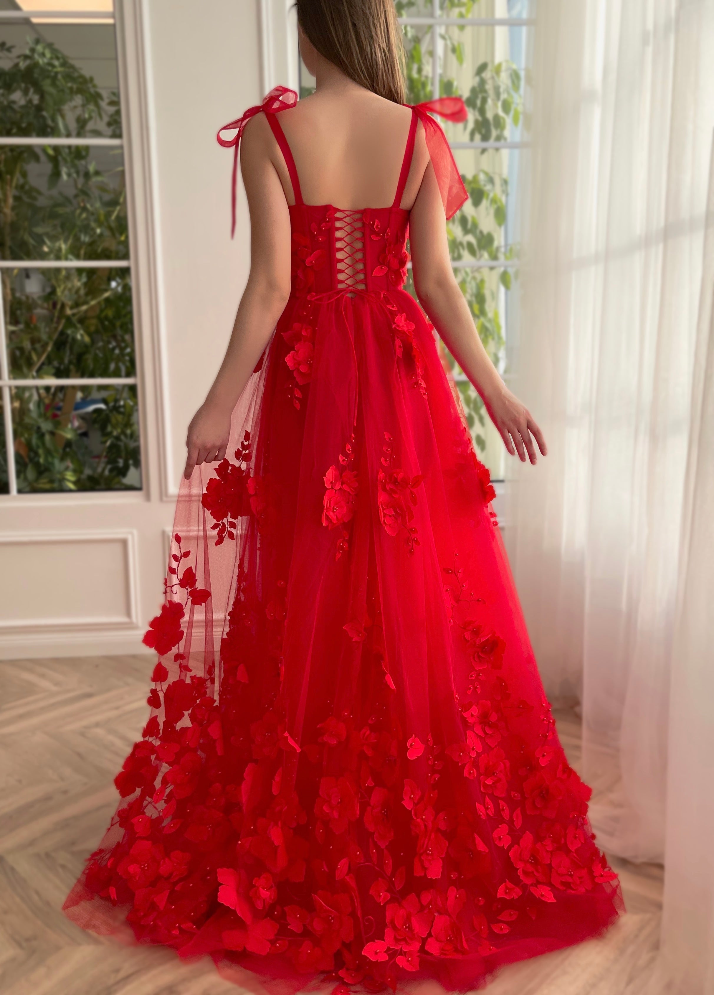 Scarlet Lace A-line 3D Flower Long Prom Dress With Slit