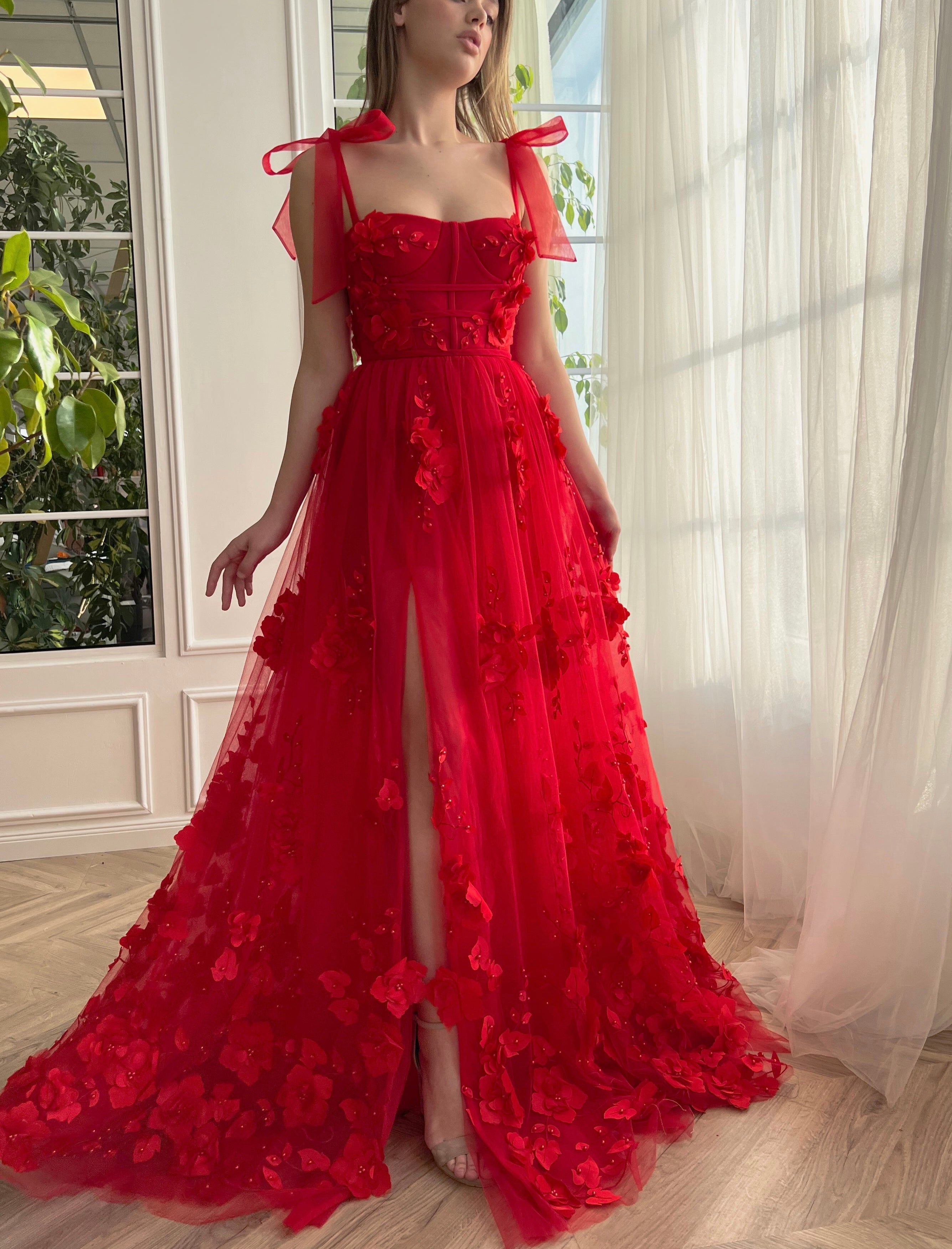 Scarlet Lace A-line 3D Flower Long Prom Dress With Slit