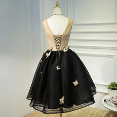 Little Black Homecoming Dress Butterfly V-Neck Short Prom Dress