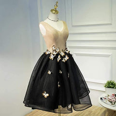 Little Black Homecoming Dress Butterfly V-Neck Short Prom Dress