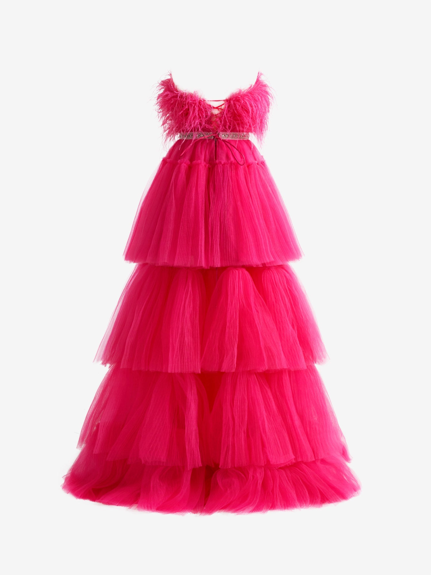 A-line High-Low Strapless Ruffled Tulle Prom Dress with Feathers