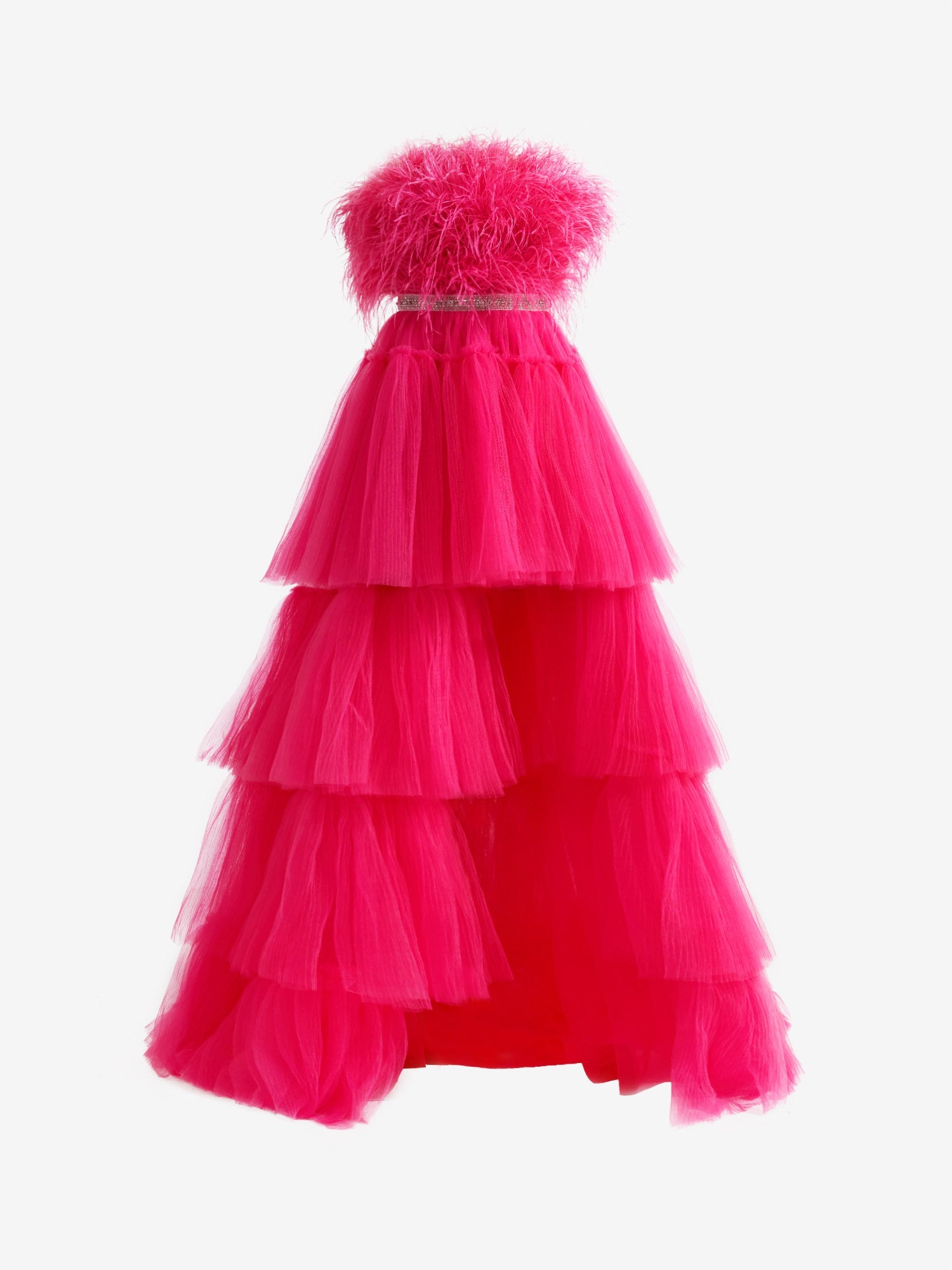 A-line High-Low Strapless Ruffled Tulle Prom Dress with Feathers