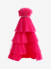 A-line High-Low Strapless Ruffled Tulle Prom Dress with Feathers