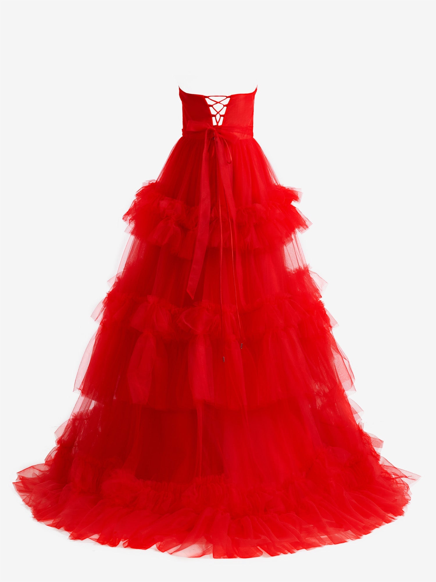 Red A-Line Strapless Ruffled Tulle Evening Dress