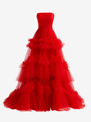 Red A-Line Strapless Ruffled Tulle Evening Dress