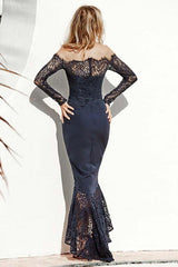 Navy Blue Mermaid Off-the-Shoulder Bridesmaid Dress with Lace