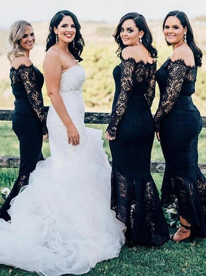 Navy Blue Mermaid Off-the-Shoulder Bridesmaid Dress with Lace