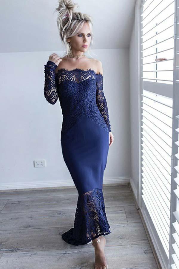 Navy Blue Mermaid Off-the-Shoulder Bridesmaid Dress with Lace