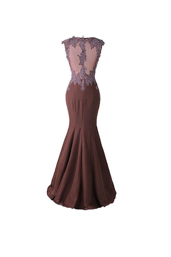 Mermaid Prom Dress with Lace Appliques, Sheer Back Bridesmaid Dress