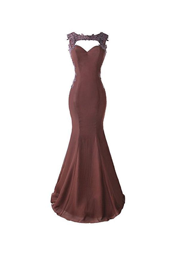 Mermaid Prom Dress with Lace Appliques, Sheer Back Bridesmaid Dress