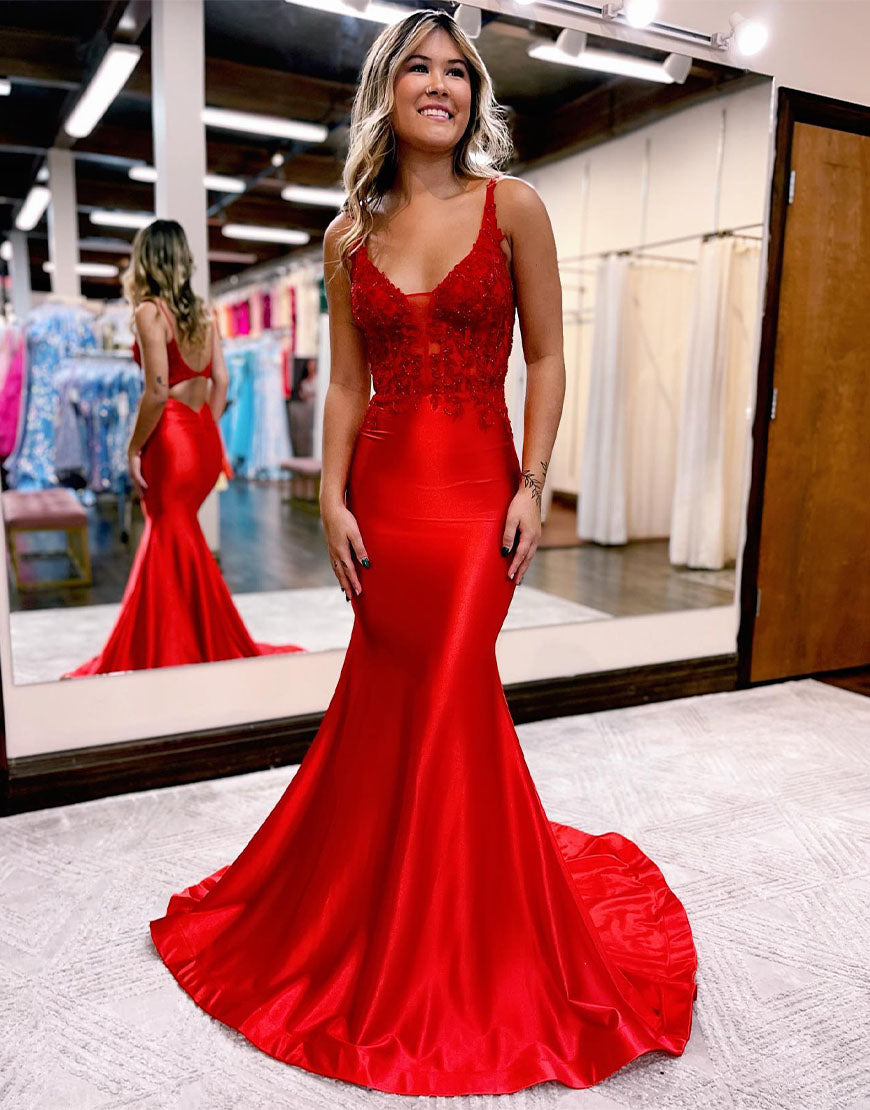 Mermaid Sheath Deep V Neck Satin Long Prom Dress with Appliqued