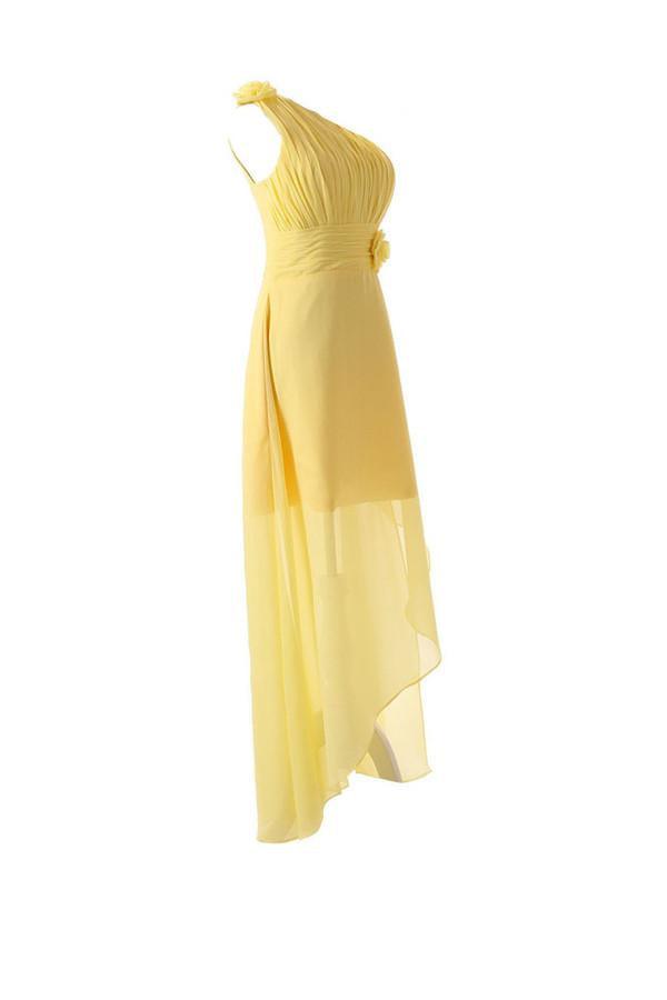 Yellow One Shoulder Floor Length Chiffon Bridesmaid Dress, with Flower