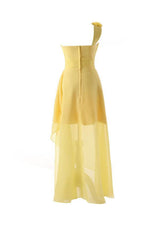 Yellow One Shoulder Floor Length Chiffon Bridesmaid Dress, with Flower