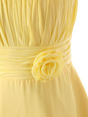 Yellow One Shoulder Floor Length Chiffon Bridesmaid Dress, with Flower