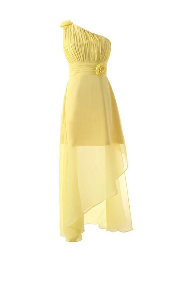 Yellow One Shoulder Floor Length Chiffon Bridesmaid Dress, with Flower