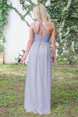 Gray Chiffon One-Shoulder Bridesmaid Dress, Floor-Length, Open Back