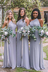 Gray Chiffon One-Shoulder Bridesmaid Dress, Floor-Length, Open Back