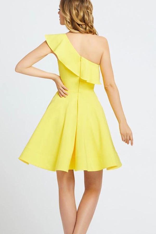 One-Shoulder Ruffled Short Prom Dress Yellow Homecoming Dress