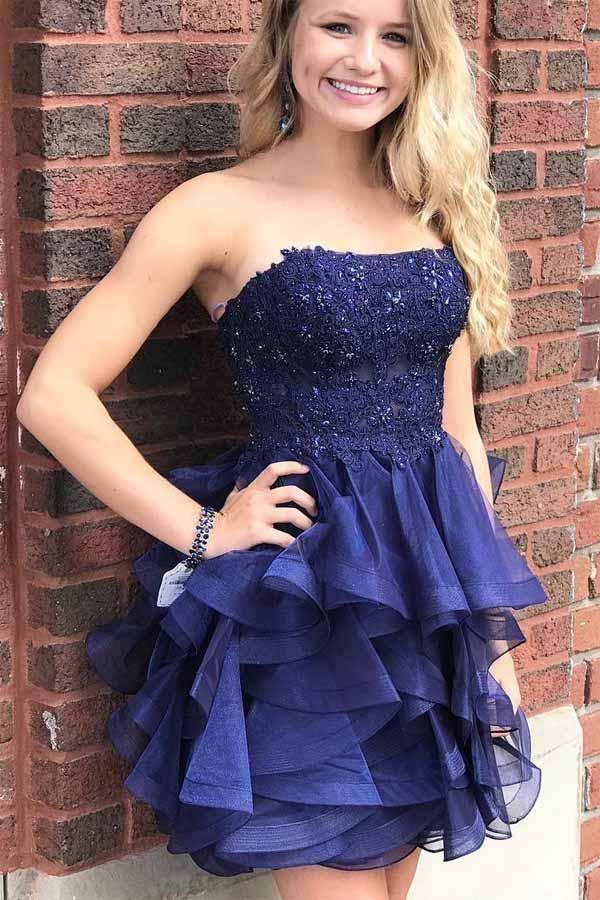 Navy Blue Organza A-line Short Prom Dress Strapless Homecoming Dress